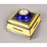 A SUPERB RUSSIAN FABERGE STYLE SQUARE YELLOW AND BLUE ENAMEL TABLE BOX WITH CLOCK set with diamonds.