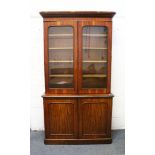 A VICTORIAN MAHOGANY CUPBOARD BOOKCASE, with a moulded cornice above a pair of glazed doors,