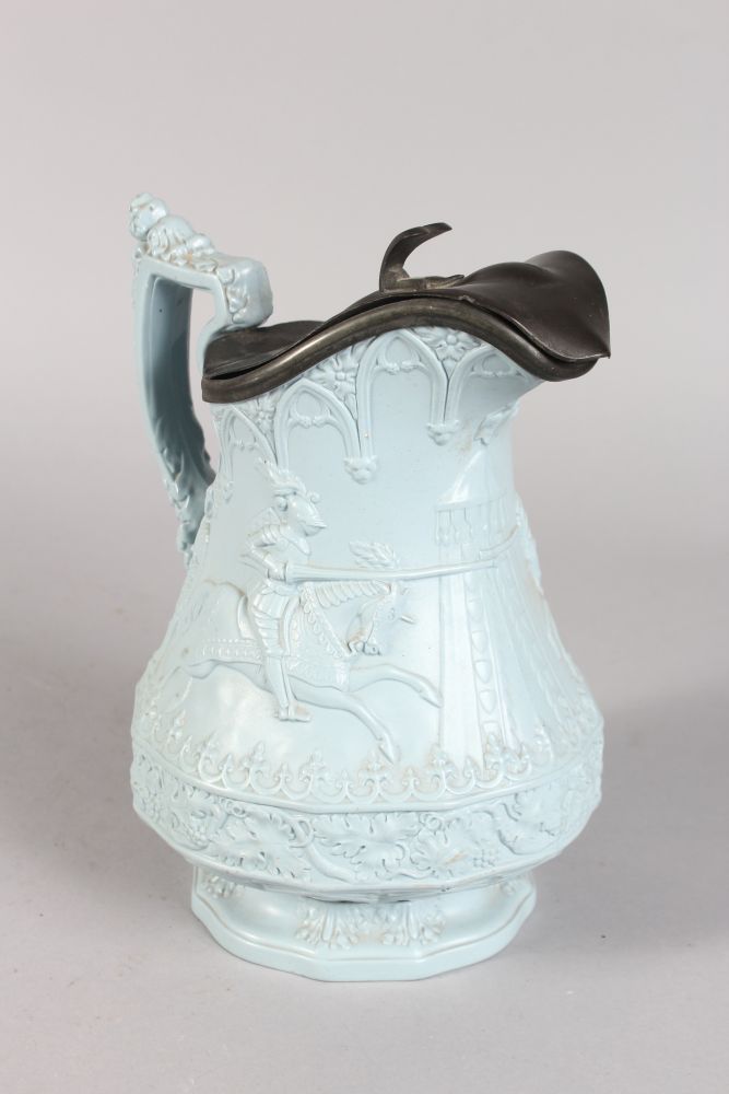 A W. RIDGWAY, SON & CO BLUE JUG, Dated 1880, with knights on horseback jousting. 9ins high, with - Image 2 of 3