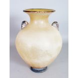 AN UNUSUAL LARGE FROSTED GLASS VASE, of bulbous form, having applied pottery handles. 15ins high.