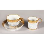 AN EARLY 19TH CENTURY WORCESTER FLIGHT BARR AND BARR COFFEE CAN, TEA CUP AND SAUCER painted with a