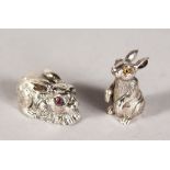TWO MINIATURE SILVER NOVELTY RABBITS.