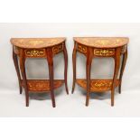 A PAIR OF FRENCH STYLE DEMILUNE SIDE TABLES, with inlaid decoration, a single drawer on shaped