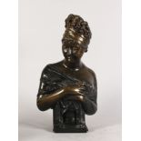 A GOOD BRONZE BUST OF A YOUNG LADY, her hair in a bun, arms folded, on a socle base. 1ft 6ins high.
