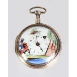 A 19TH CENTURY FRENCH SILVER POCKET WATCH, with painted enamel face, a soldier on horseback, 4.