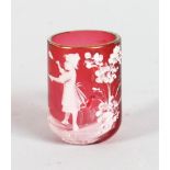 A VICTORIAN MARY GREGORY CRANBERRY TANKARD, CIRCA. 1880, painted with a girl.