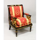 A GOOD EMPIRE MAHOGANY AND CARVED GILT ARMCHAIR with sphinx handles and anthemion.