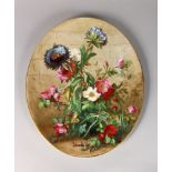 A LATE 19TH CENTURY DERBY PLAQUE of oval shape, painted with a large bunch of flowers by R. Bier,