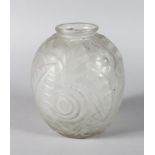 A FROSTED LALIQUE DESIGN VASE with star and other pattern. Inscribed Made in Nancy. 8ins high.