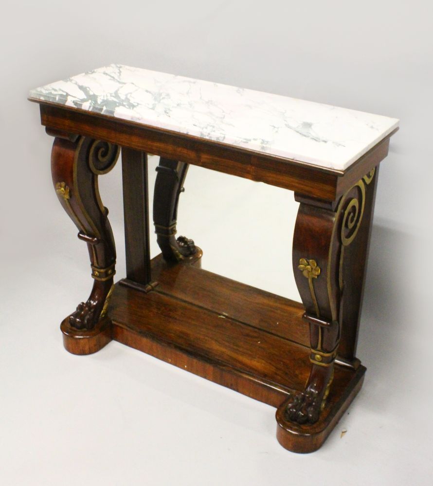 A 19TH CENTURY ROSEWOOD, MARBLE AND PARCEL GILDED CONSOLE TABLE, the later variegated marble top