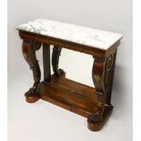 A 19TH CENTURY ROSEWOOD, MARBLE AND PARCEL GILDED CONSOLE TABLE, the later variegated marble top