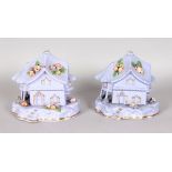 A PAIR OF STAFFORDSHIRE PASTILLE BURNERS, LILAC, edged in gilt and encrusted with flowers. 5ins