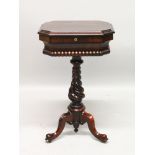 A LATE REGENCY ROSEWOOD SEWING BOX on stand, with velvet interior, barley twist support, ending in
