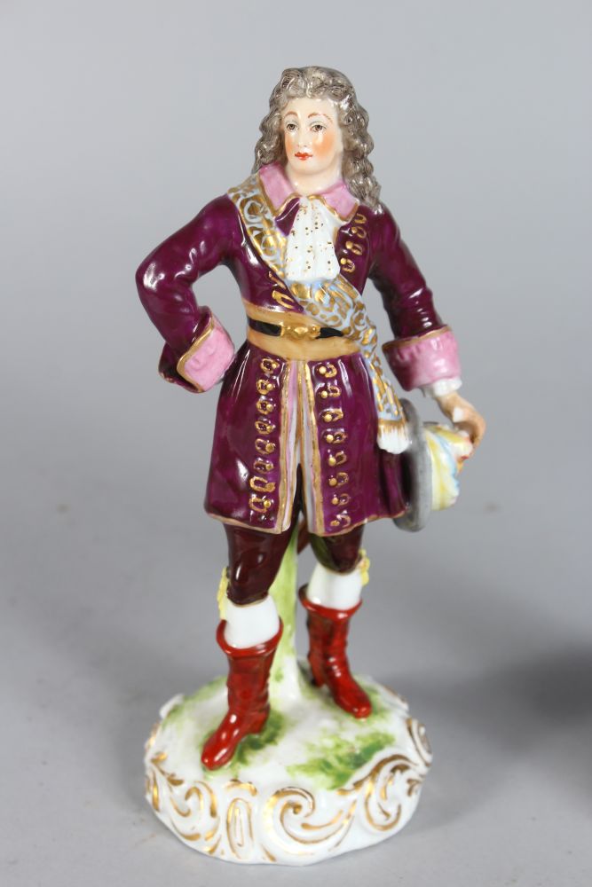 TWO MEISSEN PORCELAIN FIGURES OF A DANDY with sword and plumed hat, and another with a young man - Image 2 of 5