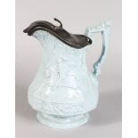 A W. RIDGWAY, SON & CO BLUE JUG, Dated 1880, with knights on horseback jousting. 9ins high, with