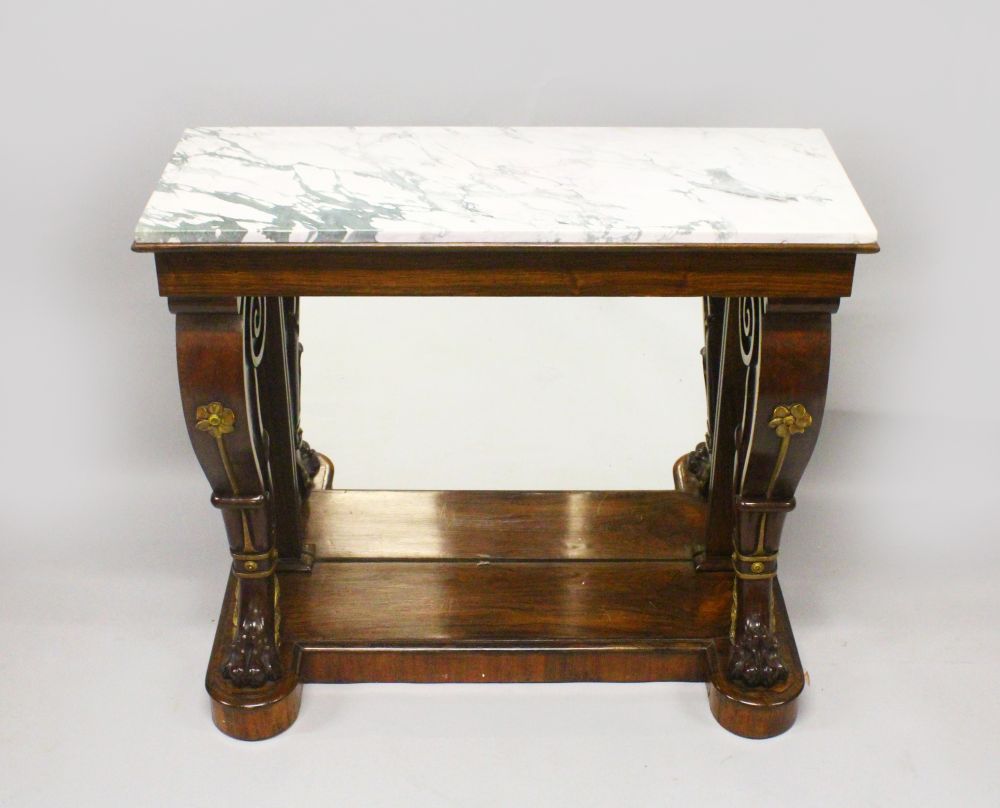 A 19TH CENTURY ROSEWOOD, MARBLE AND PARCEL GILDED CONSOLE TABLE, the later variegated marble top - Image 2 of 2