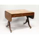 A REGENCY MAHOGANY AND ROSEWOOD CROSSBANDED SOFA TABLE, with rounded rectangular top, pair of frieze