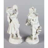 A SMALL PAIR OF CONTINENTAL BISQUE FIGURES, the boy carrying bagpipes, the girl a tambourine. 5ins