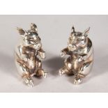 A GOOD HEAVY PAIR OF SILVER SEATED PIG SALT AND PEPPER.