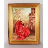 AN ENGLISH PORCELAIN PLAQUE of good size painted with the picture of a Catholic Cardinal holding a