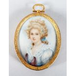 AN OVAL PORTRAIT, HEAD AND SHOULDERS OF A LADY. 3ins x 2.5ins, in a gilt frame.