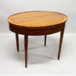 A SHERATON REVIVAL SATINWOOD OVAL TABLE, crossbanded with shell inlay, supported on tapering legs.