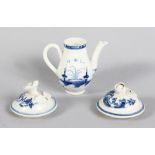 A MINIATURE SALOPIAN BLUE AND WHITE WILLOW PATTERN DESIGN COFFEE POT AND TWO COVERS (3).