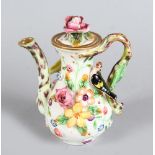 A MINIATURE SPODE FLOWER AND BIRD ENCRUSTED WATERING CAN AND STOPPER, CIRCA. 1830. SPODE Mark in