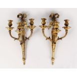 A GOOD PAIR OF LOUIS XVI ORMOLU THREE LIGHT WALL SCONCES with ribbon motif. 1ft 10ins long.