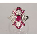 A 9CT GOLD ART DECO STYLE RUBY AND DIAMOND RING.