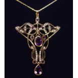 A GOOD 9CT GOLD, AMETHYST AND SEED PEARL PENDANT AND CHAIN.