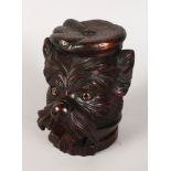 A BLACK FOREST DOG'S HEAD TOBACCO BOX, with lift off head and glass eyes. 7ins high.
