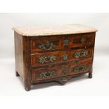AN 18TH CENTURY FRENCH KINGWOOD, ORMOLU AND MARBLE COMMODE, of slight bowfront form, the rouge