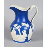 A PORCELAIN BLUE AND WHITE PORTLAND JUG in Jasper design. 9ins high.