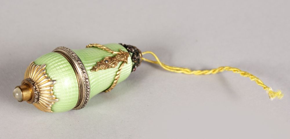 A SUPERB RUSSIAN FABERGE STYLE ENAMEL BELL PUSH set with diamonds. 3ins long.