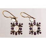 A PAIR OF 9CT GOLD AND SILVER, MOONSTONE AND AMETHYST DROP EARRINGS.