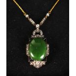 A GOOD 9CT GOLD AND SILVER SET DECO JADE AND ONYX DIAMOND SET PENDANT AND CHAIN.