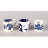 THREE VARIOUS WORCESTER BLUE AND WHITE CUPS.