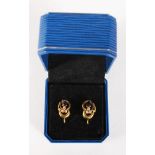 A PAIR OF 18CT YELLOW GOLD, SAPPHIRE AND DIAMOND EARRINGS.