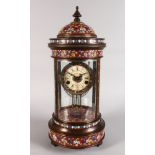 AN UNUSUAL, LARGE CHAMPLEVE ENAMEL FOUR GLASS CLOCK, of pagoda form, with decoratively painted dial,