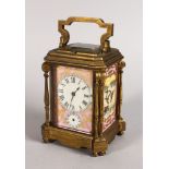 A 19TH CENTURY BRASS REPEATER CARRIAGE CLOCK WITH ALARM, the SEVRES style porcelain panels decorated