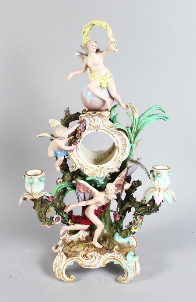 A GOOD 19TH CENTURY MEISSEN PORCELAIN CLOCK CASE, CIRCA. 1860, mounted with classical figures and