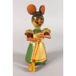 AN AMUSING CARVED AND PAINTED WOODEN TOY MOUSE MONEY BOX. 10ins high.