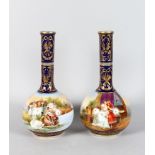 A PAIR OF LATE 19TH CENTURY DRESDEN BOTTLE VASES, each painted with theatrical scenes including