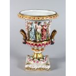 A CAPO-DI-MONTE TWO-HANDLED URN SHAPED VASE, the body with classical figures in relief, on a