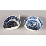 A WORCESTER BLUE AND WHITE PICKLE DISH and A STRAINER DISH (2).