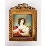 A GOOD MINIATURE OF A YOUNG LADY in an interior. Signed. 2.75ins x 3ins.