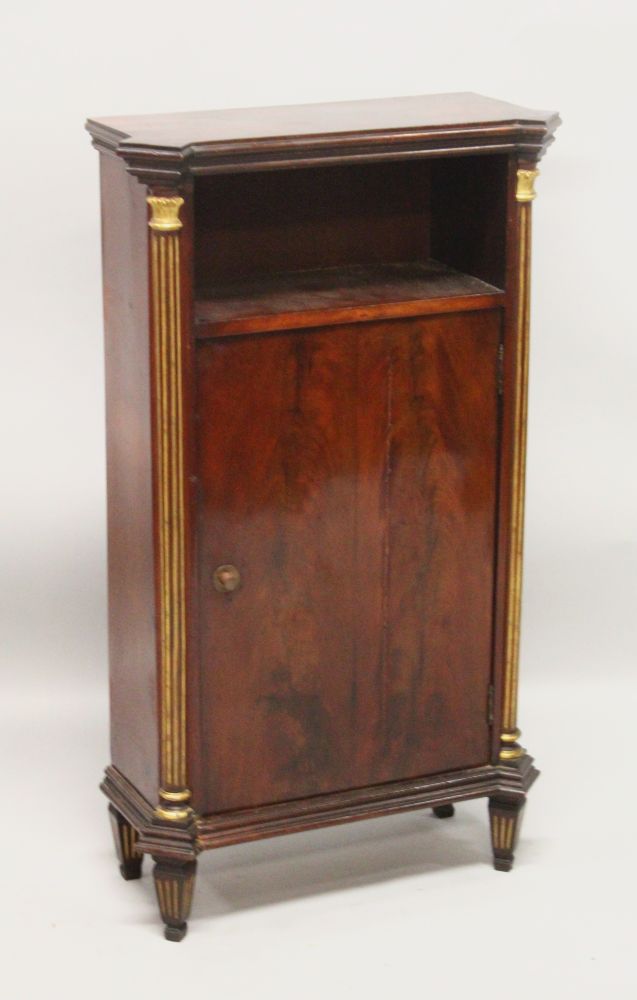 A SMALL LATE 19TH CENTURY MAHOGANY PEDESTAL CUPBOARD, with an open shelf above a door flanked by