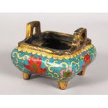 A CHINESE CLOISONNE ENAMEL TWO-HANDLED CENSER. 4ins square.