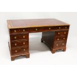 A GOOD GEORGIAN STYLE MAHOGANY PEDESTAL DESK with leather top, three frieze drawers and three